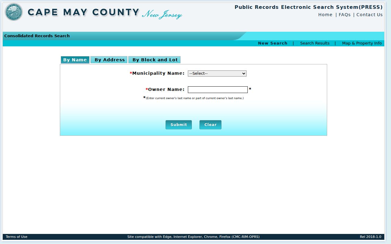 Middle Township street directory PRESS property search fields